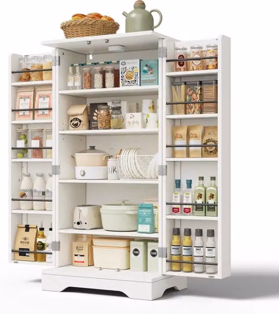 Credenza da cucina alta moderna con illuminazione LED integrata, 2 ante e ripiani interni, bianca, L: 120 cm, P: 40 cm, H: 60 cm
