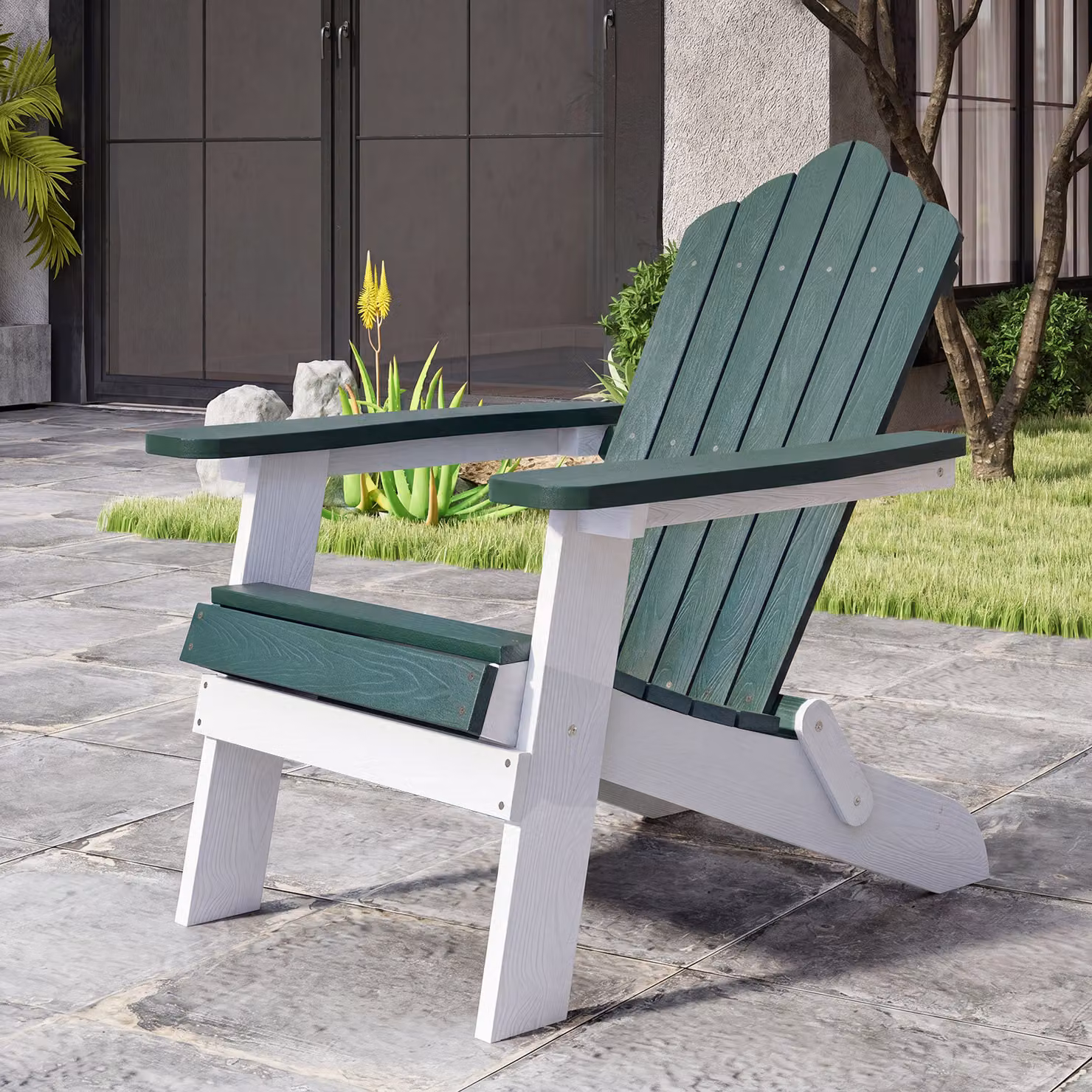 Sedia Adirondack pieghevole Costway in acciaio inossidabile e materiale sintetico resistente alle intemperie con braccioli larghi, colore verde