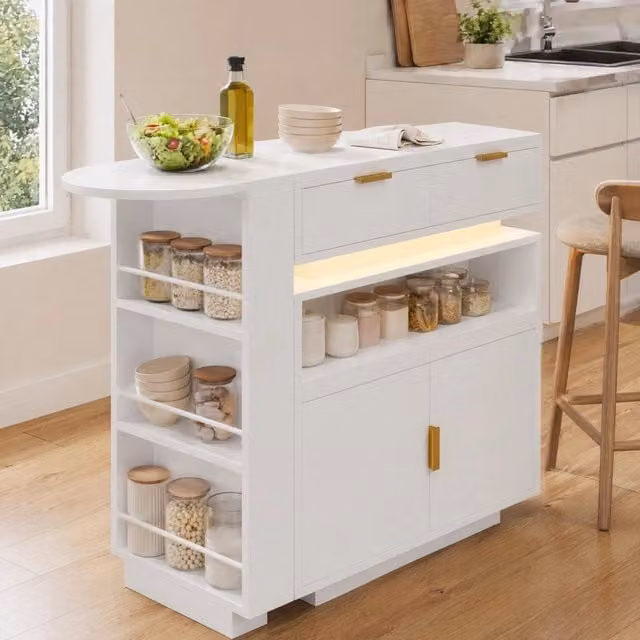 Tavolo alto allungabile con LED e ripiani aperti, per cucina e sala da pranzo, in MDF, bianco, 115 × 40 × 99,5 cm