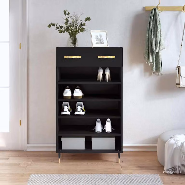 Scarpiera Industrial in Legno e Metallo vidaXL Nera con Ripiani e Ante a Battente L: 60 cm, P: 35 cm, H: 105 cm