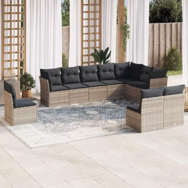 Set Divano da Giardino vidaXL 10 Pezzi in Polyrattan Grigio con Cuscini Imbottiti e Rivestimenti Rimovibili