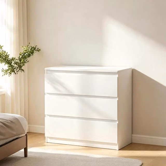 Cassettiera 80x39x73 cm in pannelli truciolari bianchi, 3 cassetti, salvaspazio –