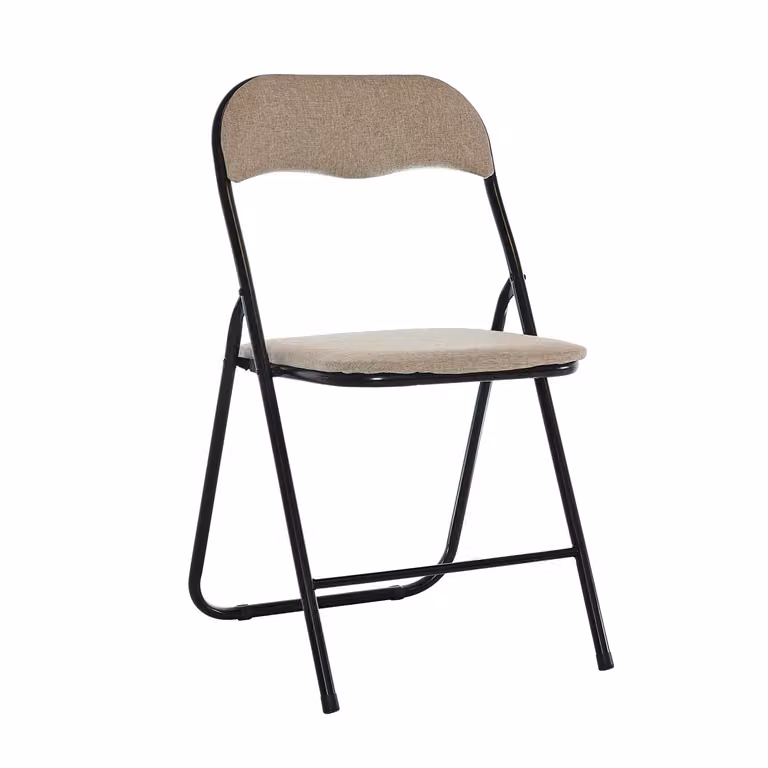 Vestiamo Casa - Sedia Pieghevole in Lino Beige con Struttura in Metallo, Impilabile, H 78 x L 43 x P 44 cm
