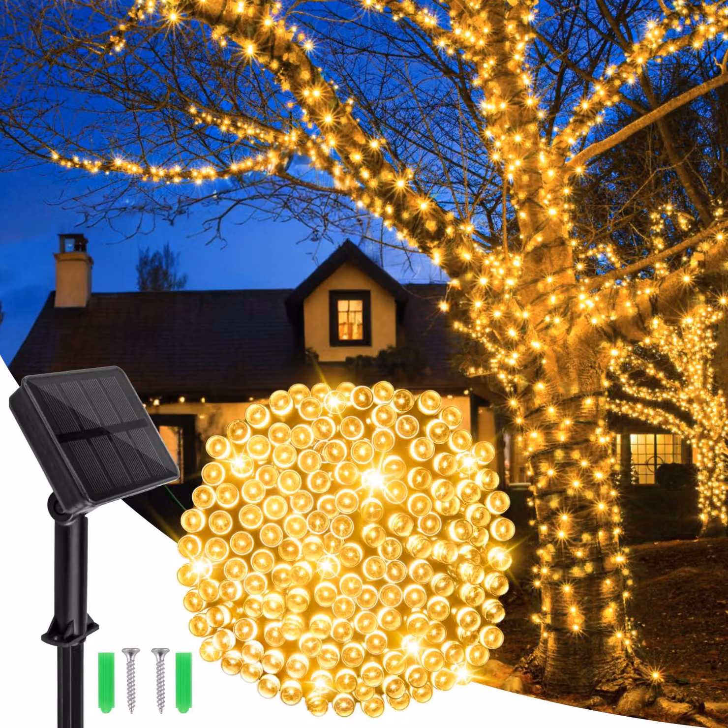 Catena luminosa solare, 12 metri, 120 LED, luce bianco caldo, resistente alle intemperie, 8 modalità
