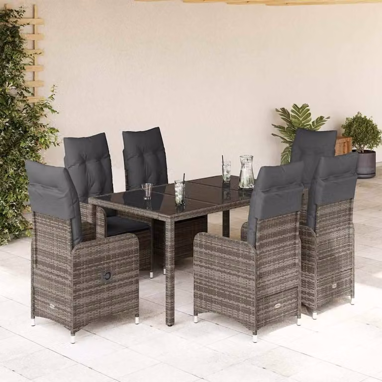 Set Bistrò da Giardino e Balcone vidaXL in Polyrattan e Metallo con Cuscini e Piano in Vetro, 7 Pezzi, Grigio