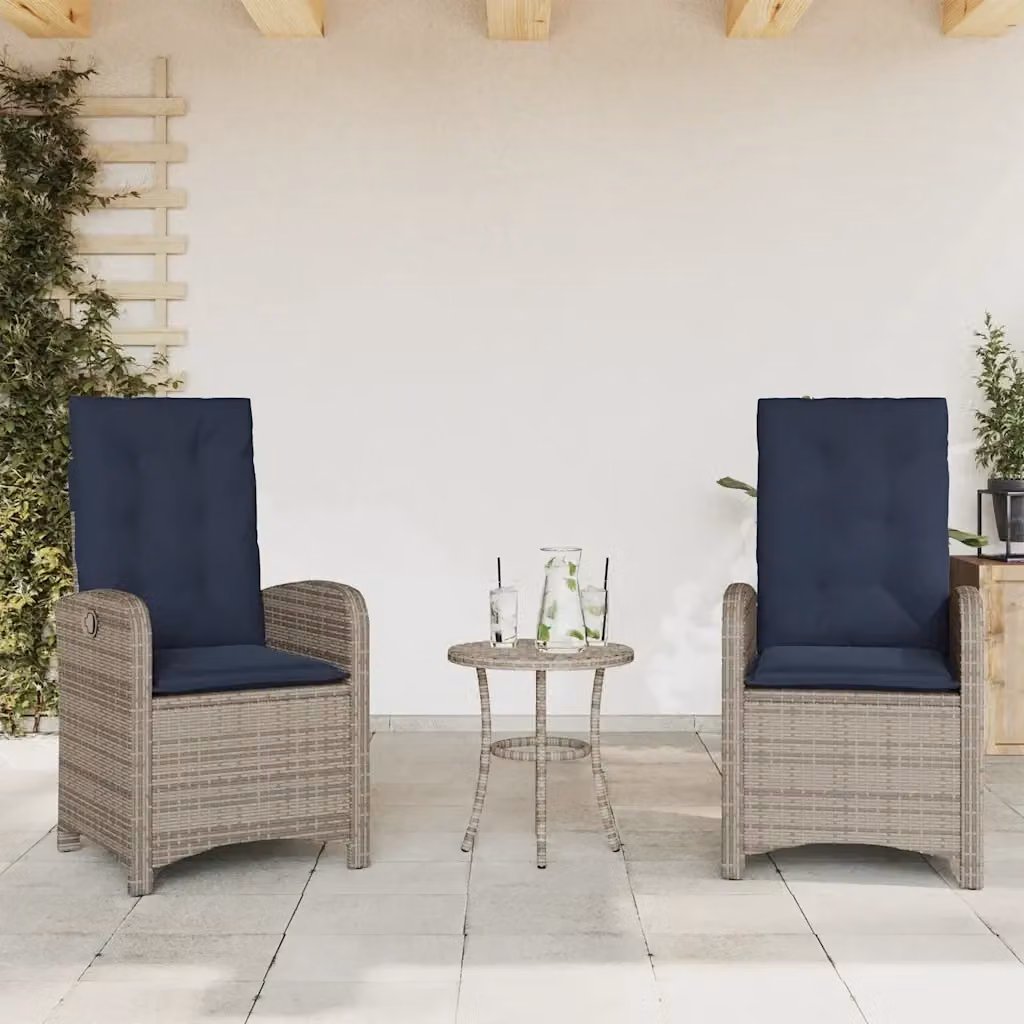 Set di 2 sedie da giardino reclinabili in polyrattan grigio con cuscini blu per esterno – 2