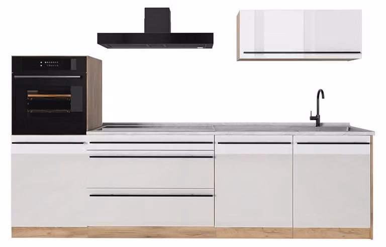 Cucina componibile Vicco R-Line Bianco lucido/Rovere dorato 280 cm piano di lavoro Marmo, Model 66495