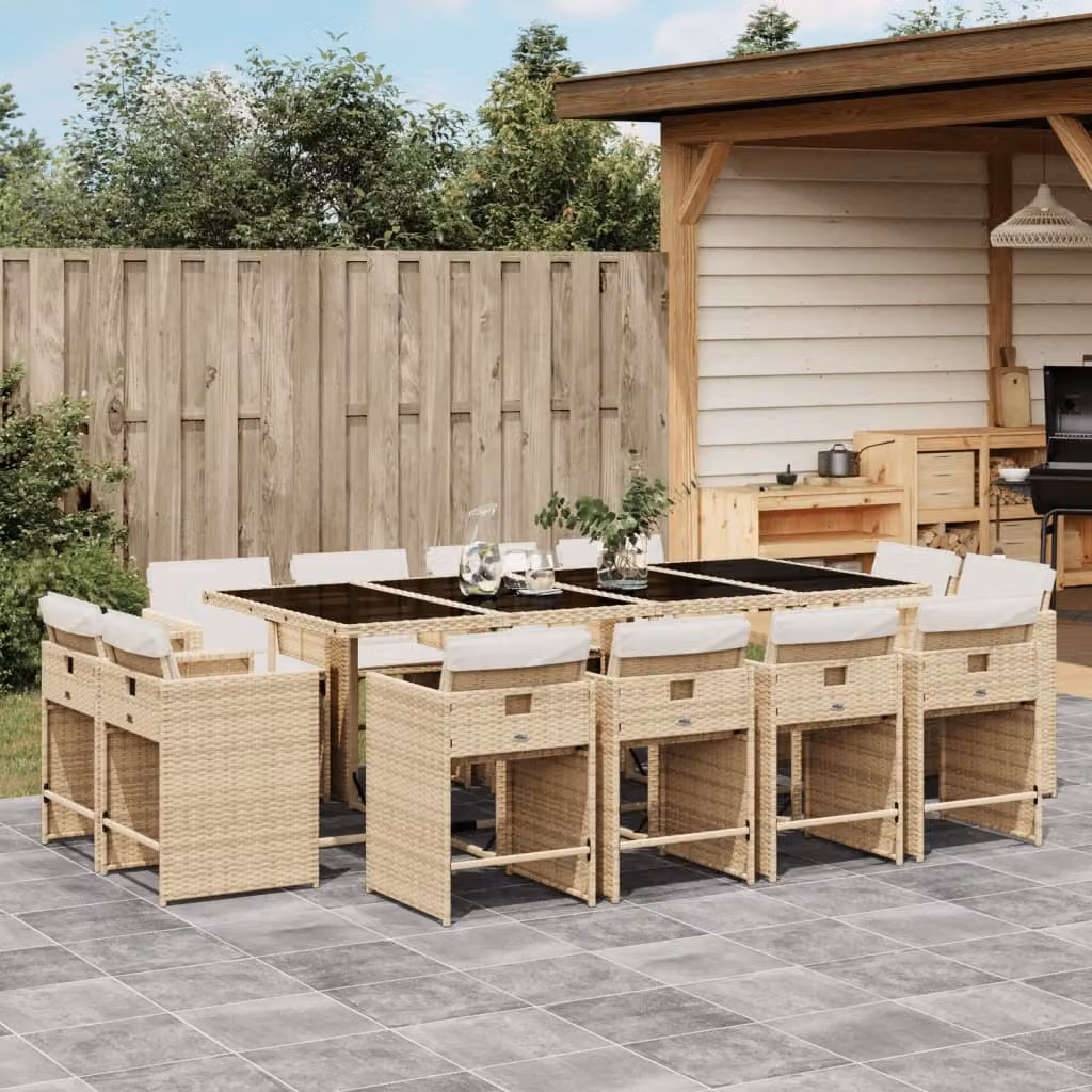 vidaXL Set da Pranzo da Giardino 13 pz in Polyrattan con Cuscini Beige e Piano in Vetro – 1