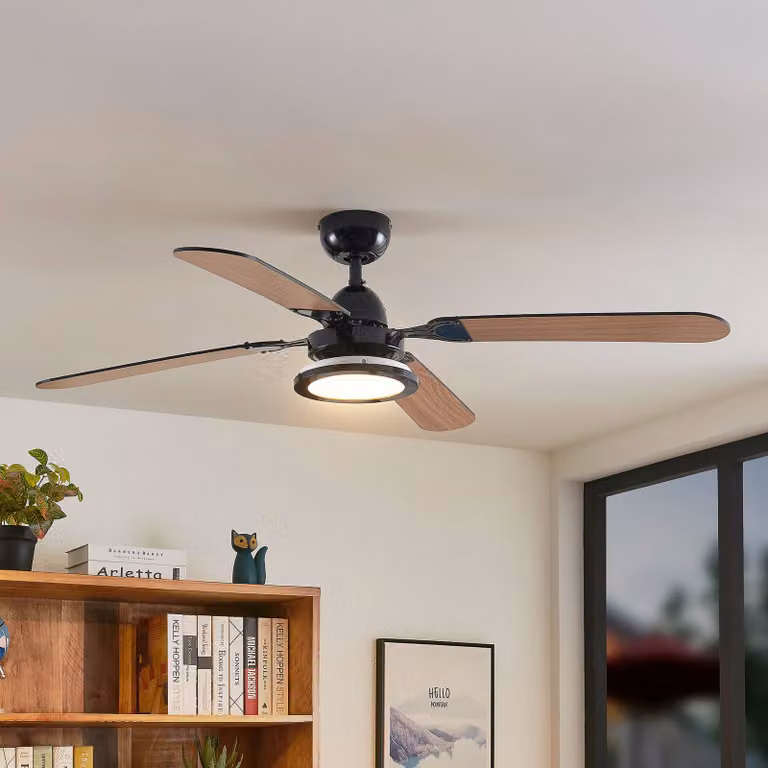 Ventilatore da soffitto LED Lucande Tedric, nero, silenzioso, 133 cm Tedric, Nero, Soggiorno / Sala da pranzo, Metallo, Vintage