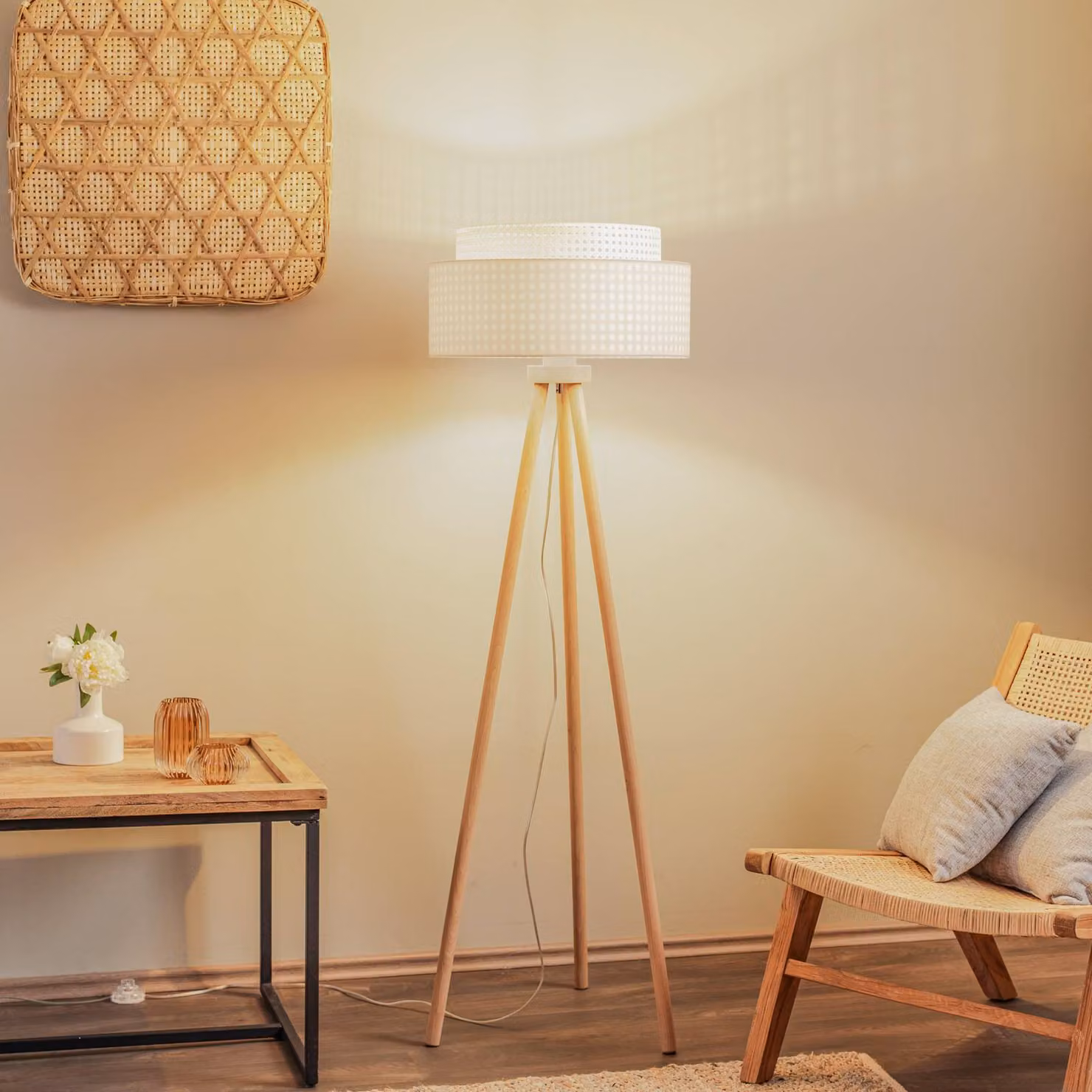 Lampada da terra Boho Duolla, Legno chiaro, Camera da letto, Legno, Lampada da terra