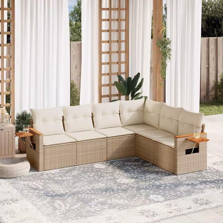 vidaXL Set Divano da Giardino 6 pz a Forma a L con Cuscini Beige in Polyrattan e Tavolino da Esterno