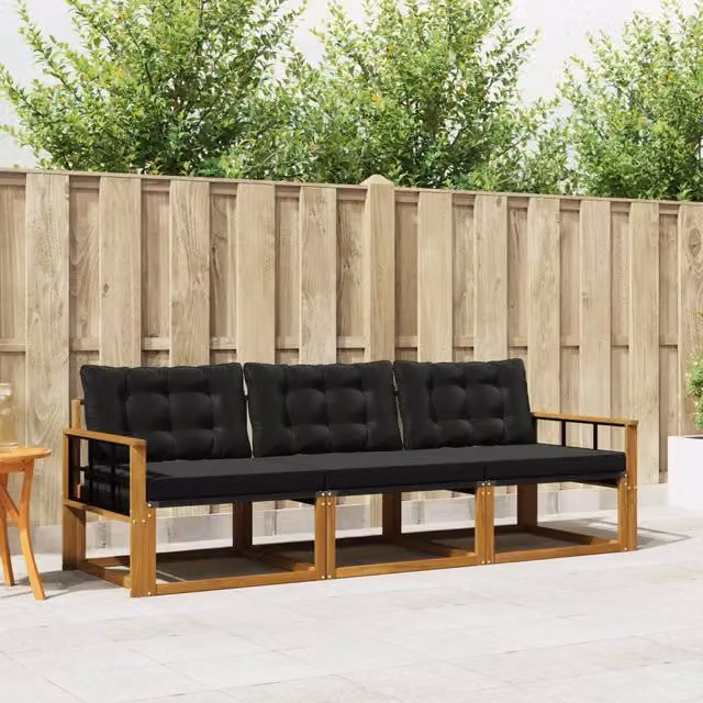 Set di divani da esterno 3 posti vidaXL in legno di acacia e textilene, colore marrone e nero, con cuscini inclusi