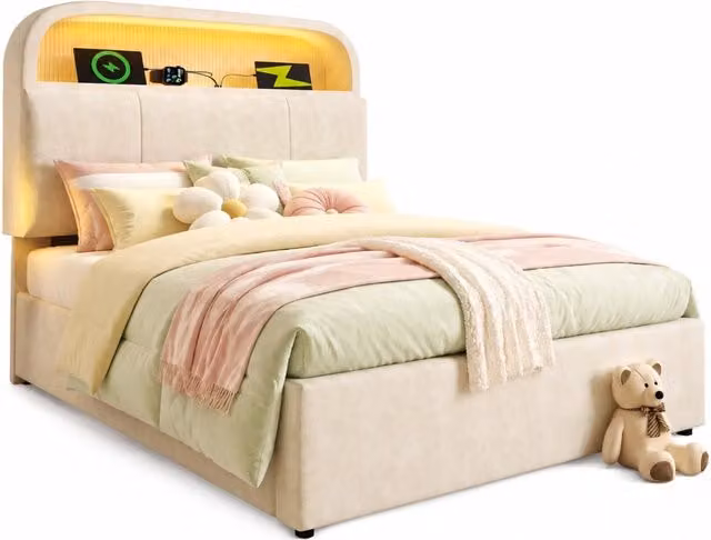 Letto singolo 90x200 cm con contenitore idraulico; LED e USB-C in velluto beige