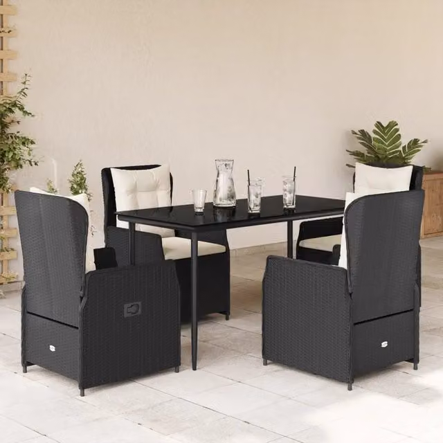 Set da Pranzo da Giardino 5 pz Nero con Cuscini in Polyrattan