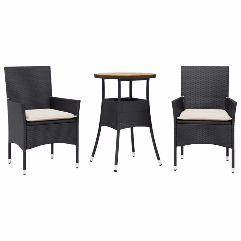 Set Pranzo da Giardino 3 pz con Cuscini Nero Polyrattan Acacia