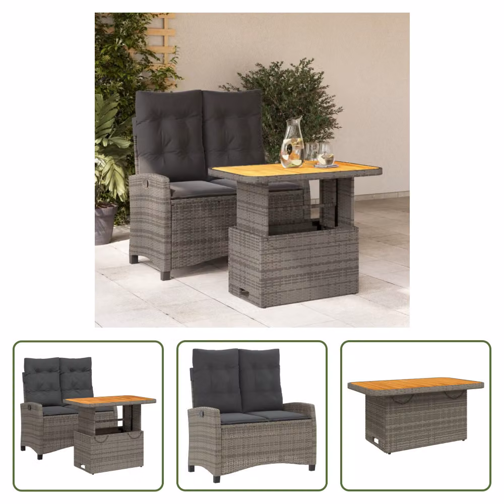 The Living Store Set da pranzo da giardino 2 pezzi con cuscini in poly rattan grigio