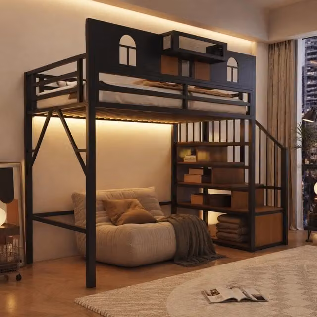 Letto a soppalco 90x200 cm con scala portaoggetti e LED in metallo nero