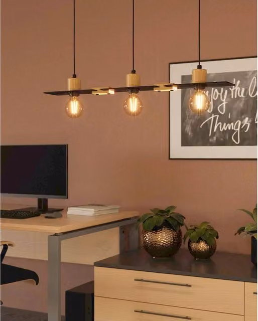 Lampadario a sospensione industriale Bramerton Eglo in metallo e legno nero e marrone con 3 x E27