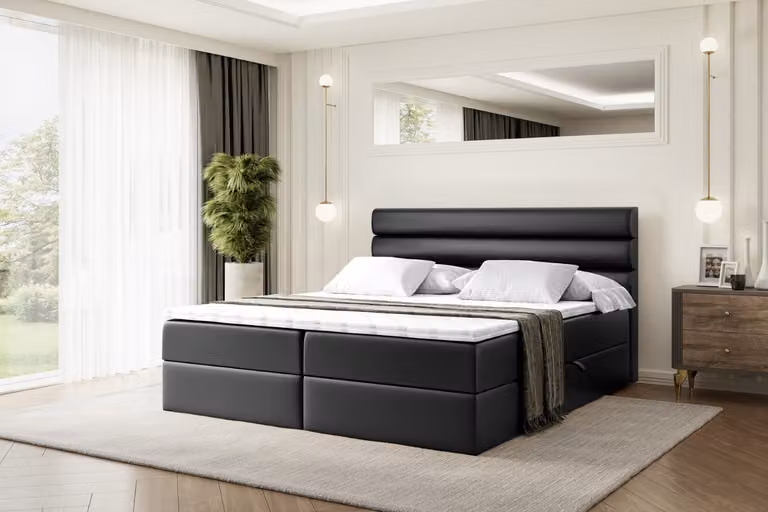 Letto boxspring ALTDECOR con materasso H4 e topper - 180 x 200 cm - CELESTIA - Pelle finta nera - Letto imbottito con contenitore e rete a doghe, letto con spazio contenitivo