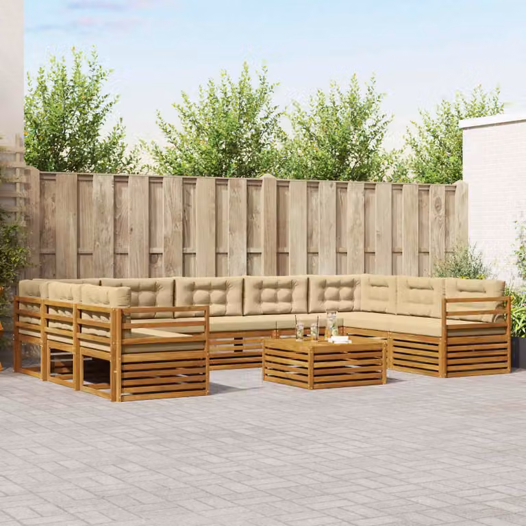 Set di divani da esterno vidaXL in legno di acacia con cuscini, composizione a L con tavolo da caffè, colore beige e marrone