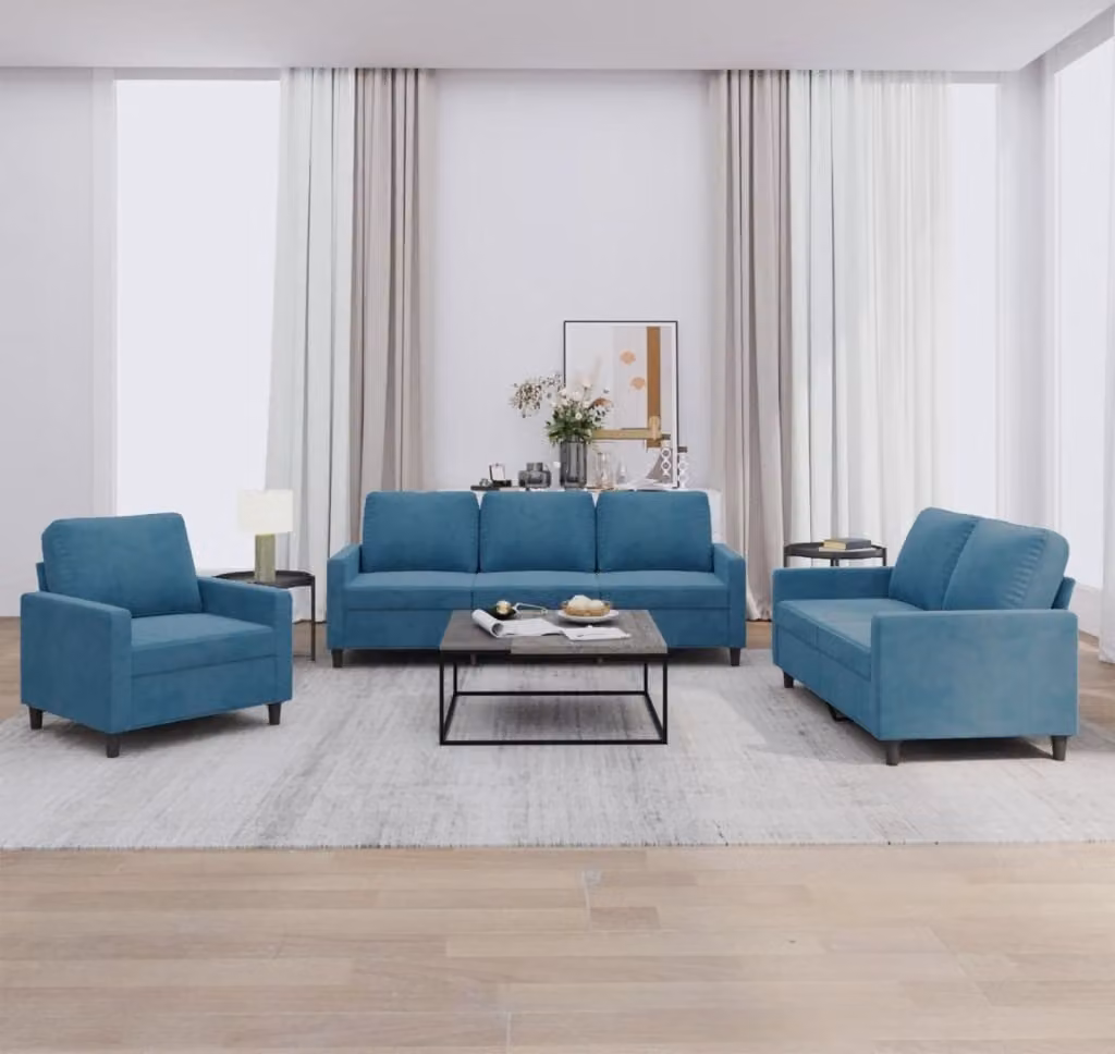 Set di Divani 3 pz con Cuscini Blu in Velluto