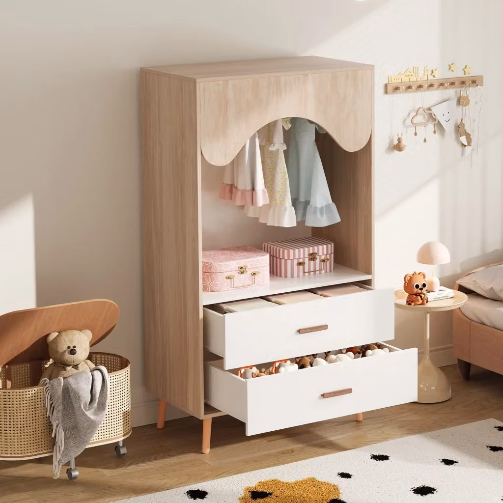 Armadio per bambini MINIMAL con cassetti e appendiabiti, Bianco e Legno Naturale, L: 80 cm, P: 46 cm, H: 141,5 cm – 2