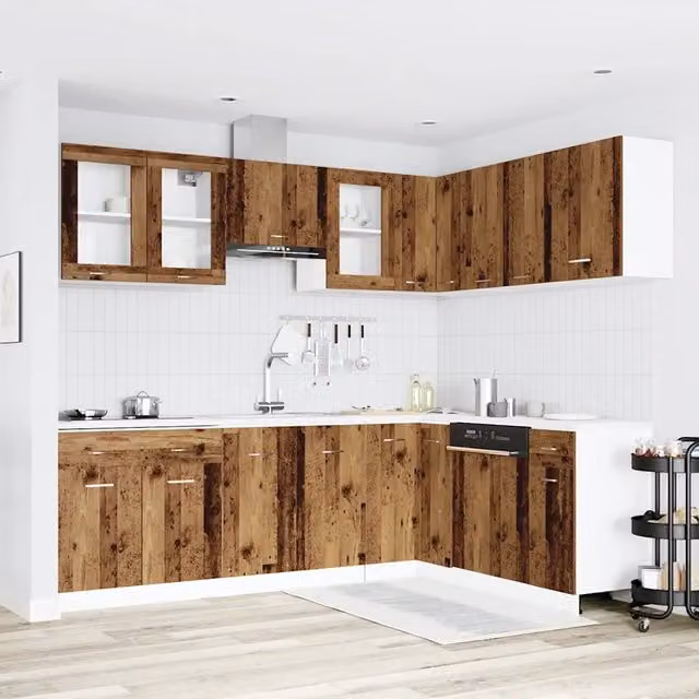 Set di mobili da cucina rustici vidaXL in legno e vetro marrone con ante a vetro e scaffali aperti