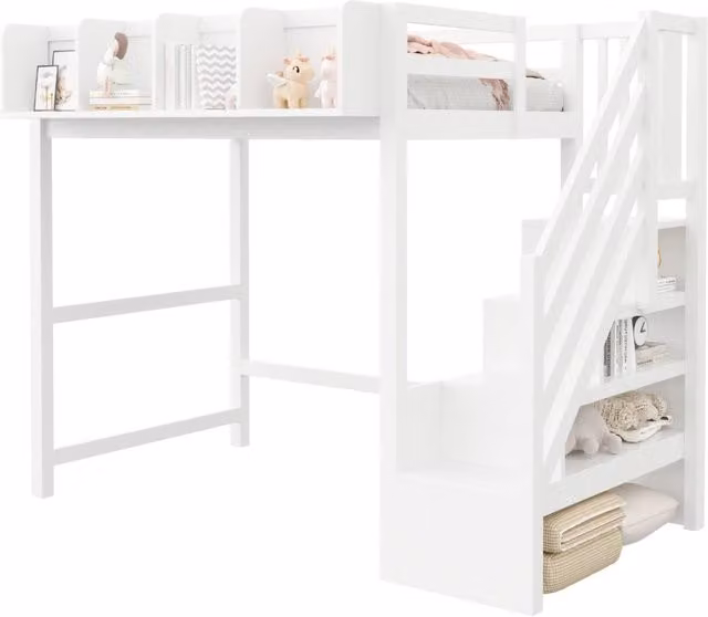 Letto a soppalco 90x200 cm con LED; vani portaoggetti e scala in pino; compensato e MDF bianco
