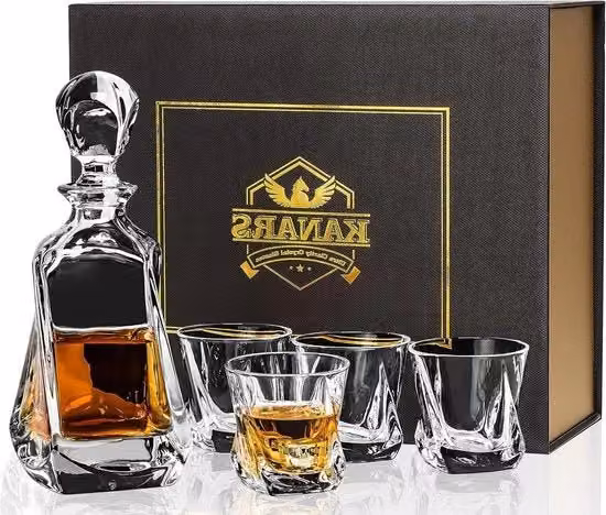 Set di Decanter di Cristallo per Whisky - Set di Bicchieri e Caraffa da 650 ml - 4x210 ml Bicchieri da Whisky - Cocktail Martini Scotch - Cognac Whisky Wodka - Bella Scatola Regalo - 5 Pezzi