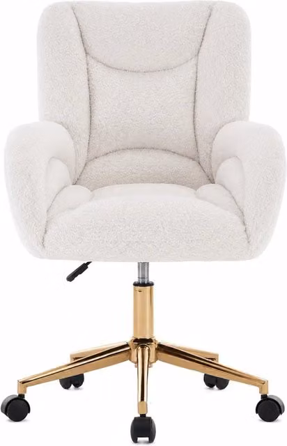 Sedia da ufficio girevole ergonomica in tessuto bouclé bianco con dettagli oro, L: 64 cm, P: 62 cm, H: 92.5 cm – 1