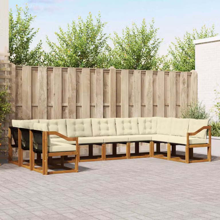 Set di divani da esterno vidaXL 10 pezzi in legno di acacia con cuscini, colore beige, bianco e marrone