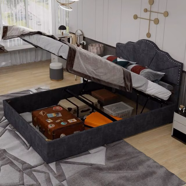 Letto contenitore matrimoniale 140 × 200 cm con sollevamento a gas, senza materasso, in tessuto grigio e metallo