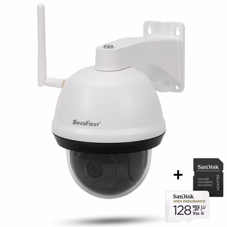 SecuFirst Telecamera di sorveglianza per esterni WLAN, 128 GB di memoria locale, telecamera IP Wifi PTZ per esterni, 1080P, rilevatore di movimento AI, allarme sirena, 2 vie