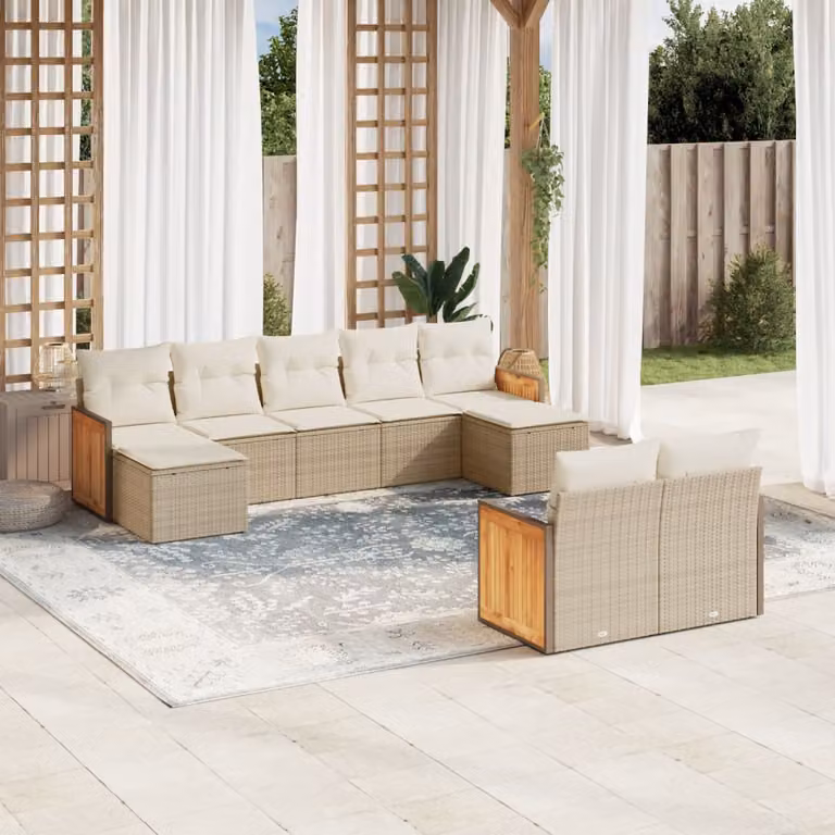 vidaXL Set Divano da Giardino 9 pz a forma di U in Polyrattan con Cuscini Beige e Struttura in Acciaio e Legno di Acacia