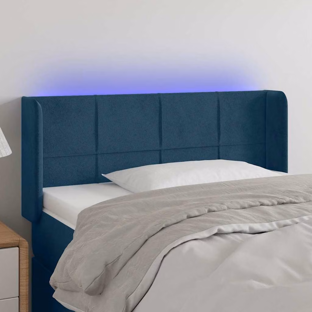 Testiera per letto vidaXL in velluto blu scuro con illuminazione LED e porta di ricarica USB, L 103 cm, P 16 cm, H 78-88 cm