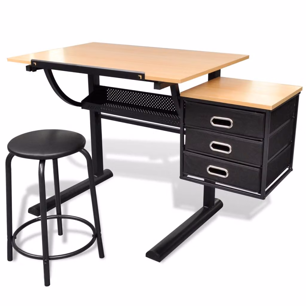 vidaXL Tavolo da disegno con piano inclinabile, 3 cassetti e sgabello
