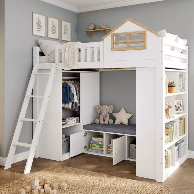 Letto a soppalco per bambini 90x200 cm, design casa in legno bianco e naturale, con scala, armadio, mensola aperta e panca con contenitore