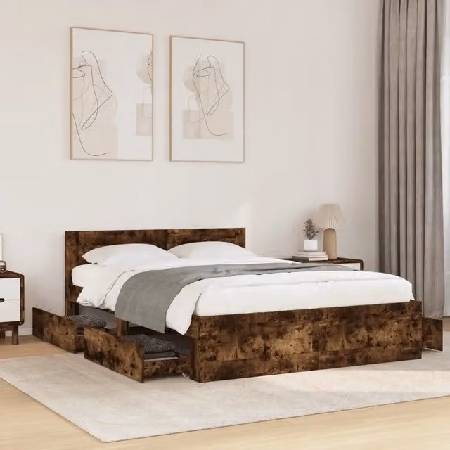 Letto con contenitore e testiera vidaXL in legno Rovere Fumo L/P: 140 x 200 cm
