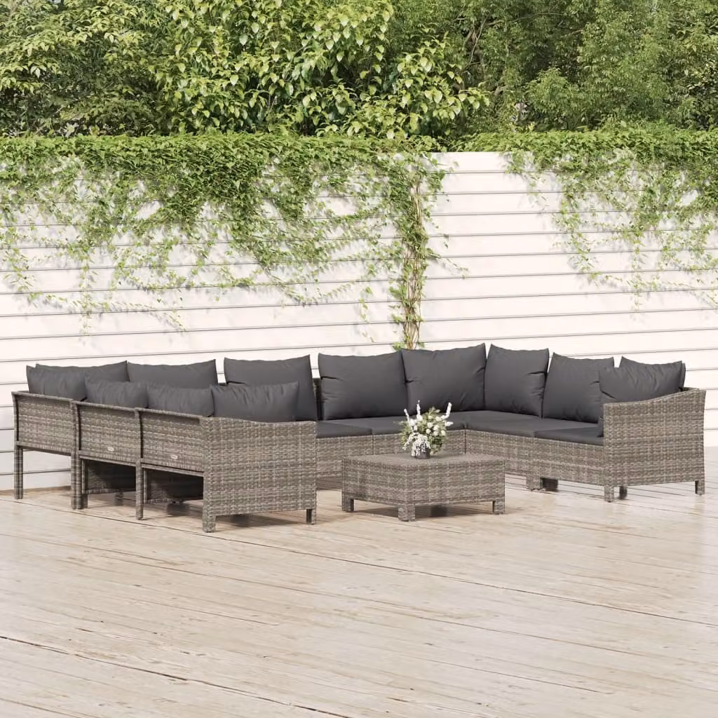 The Living Store Set da giardino da 10 pezzi con cuscini in poly rattan grigio