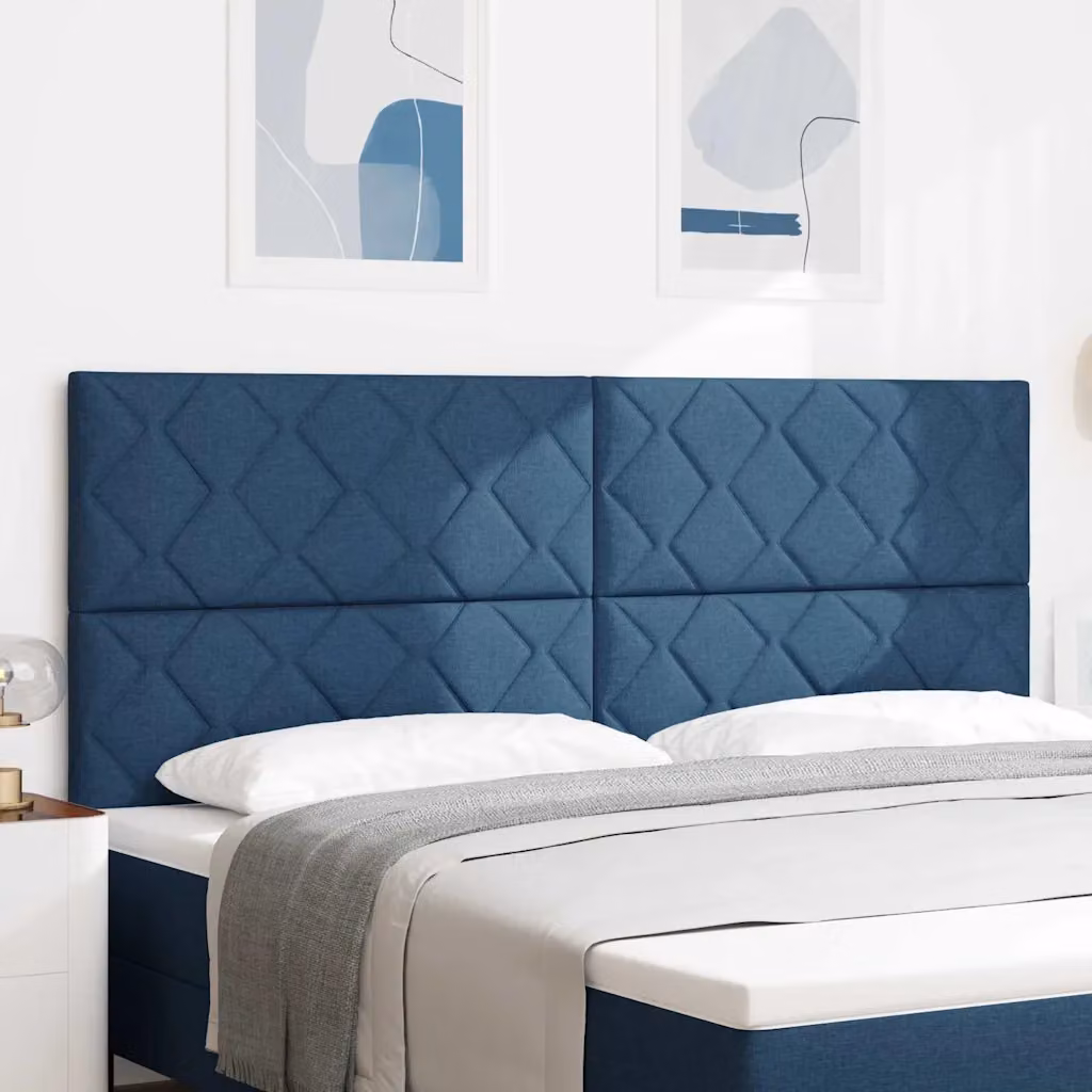 Testiera per letto moderna vidaXL in tessuto blu con pannello imbottito e struttura in legno e MDF, L: 200 cm, H: 128 cm, P: 7 cm