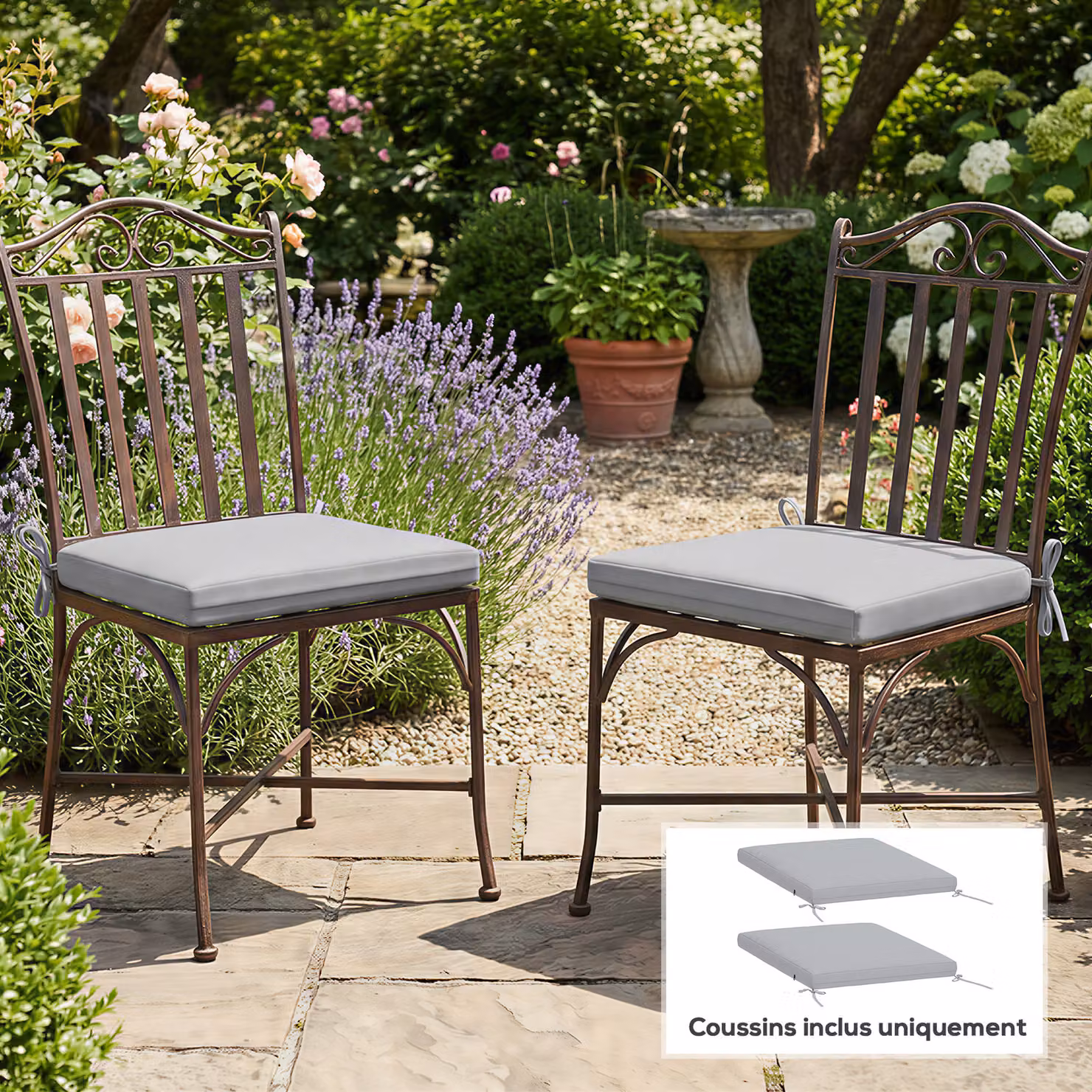 Set di 2 cuscini per sedia da giardino Outsunny, schiuma ad alta densità, antiscivolo e resistente ai raggi UV, colore grigio, L/P: 50 x 50 cm – 2