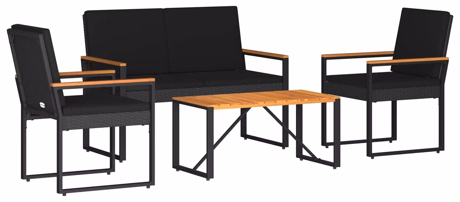 Set Mobili da Esterno con cuscino 4 pcs Nero polyrattan