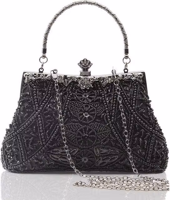 Borsa da sera stile anni 20 con perle e pizzo nera in tessuto e metallo