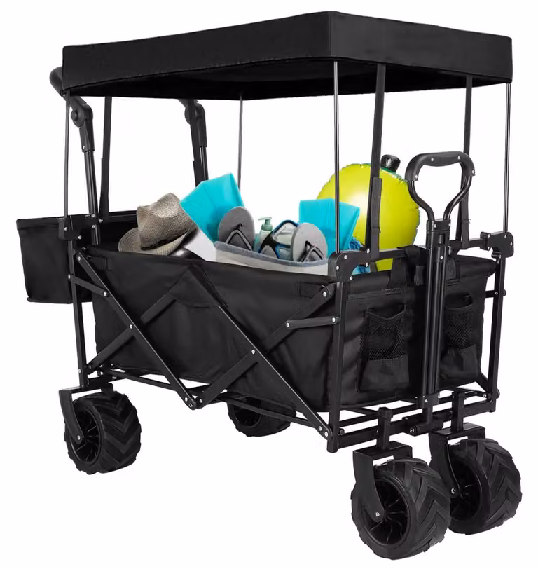 Carrello pieghevole - Carrello trasportabile - Carrello robusto - Carrello da spiaggia - Parasole removibile