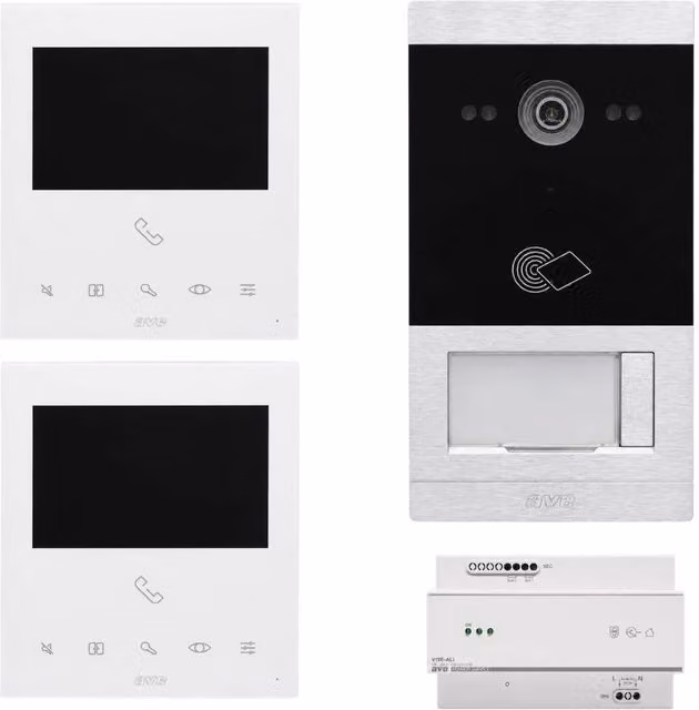 Kit videocitofonico bifamiliare AVE KV01-2PIT5BAP con design moderno in alluminio bianco e argento da parete – 1