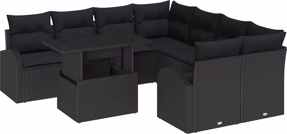 Set Divano da Giardino con archiviazione 9 pcs Nero polyrattan