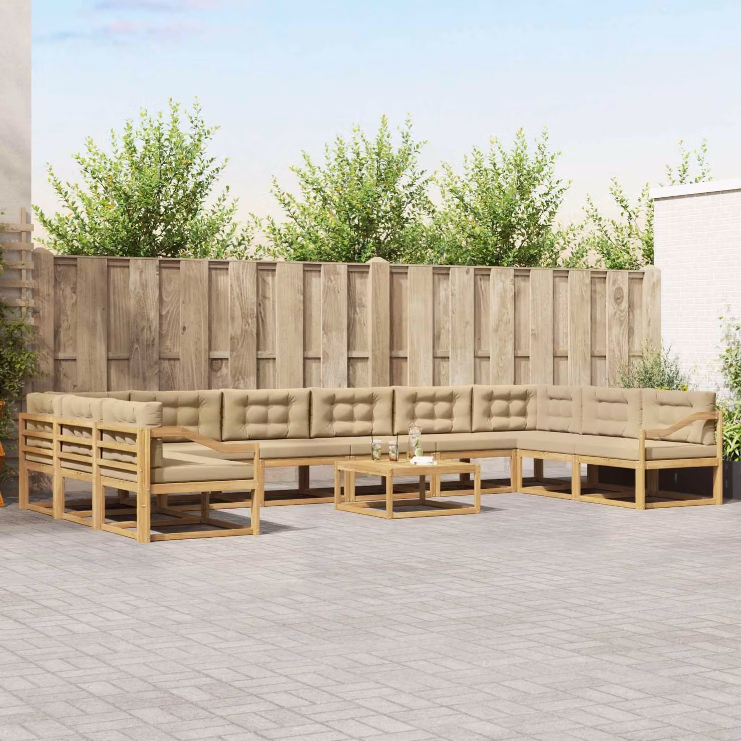 Set di divani da esterno a forma di U vidaXL in legno di acacia con cuscini, Bianco, Beige e Marrone