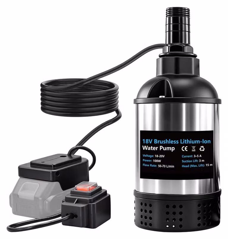 Pompa per acqua, 18V, 50-70 litri/minuto, altezza di sollevamento 15 metri, senza spazzole