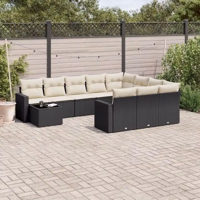 Set di divani da giardino vidaXL in polyrattan nero con 11 pezzi e cuscini inclusi