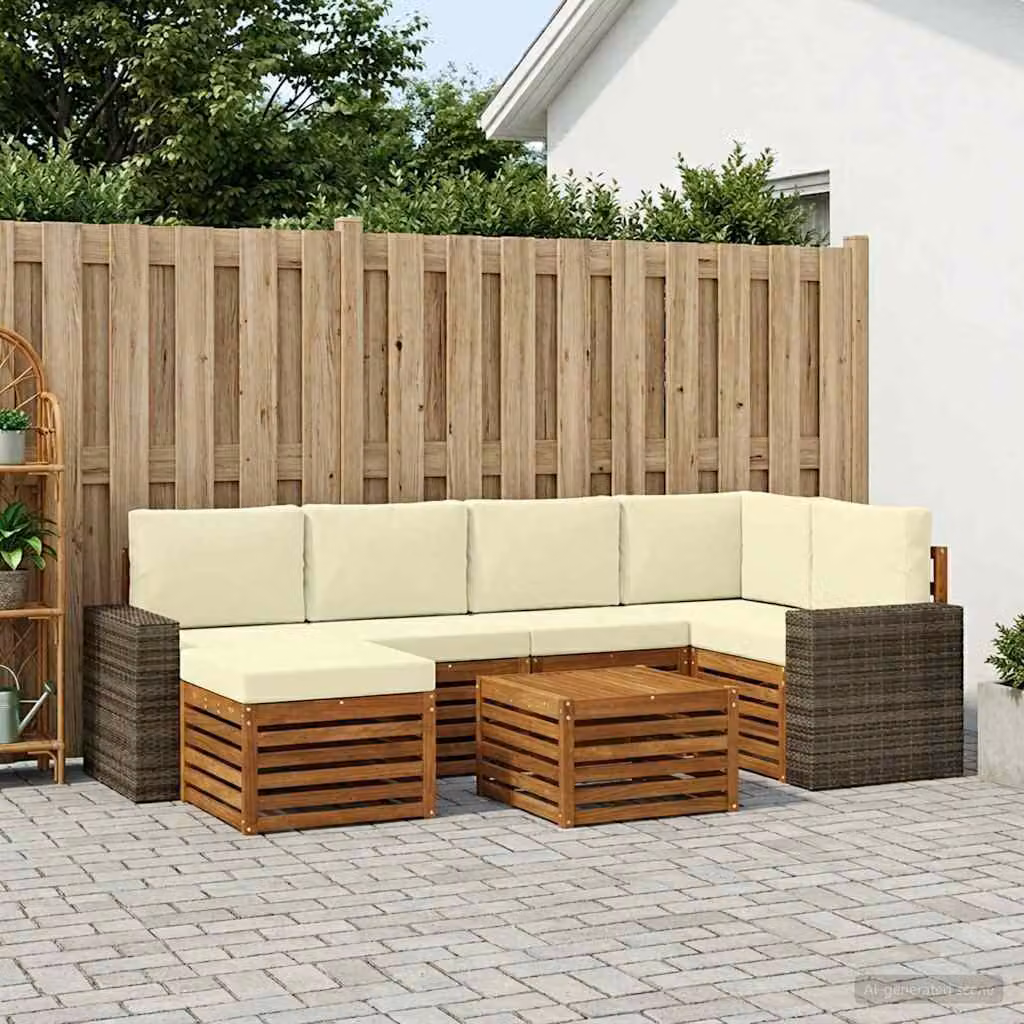 Set di divani da esterno vidaXL 7 pz in legno di acacia con cuscini beige e bianco per giardino e terrazza